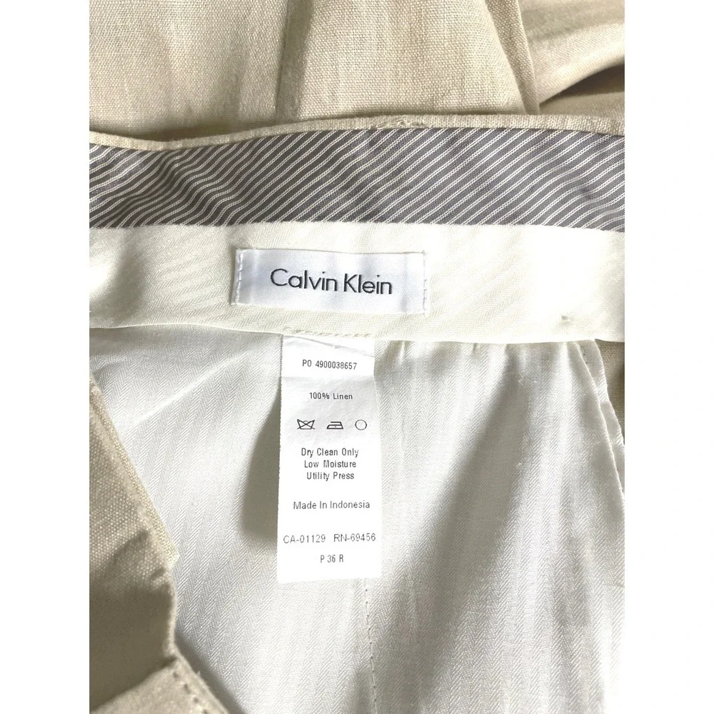 Calvin‎ Klein Mens 100% Linen Dress Pants Beige Trousers 36 x 30 Coastal Luxury